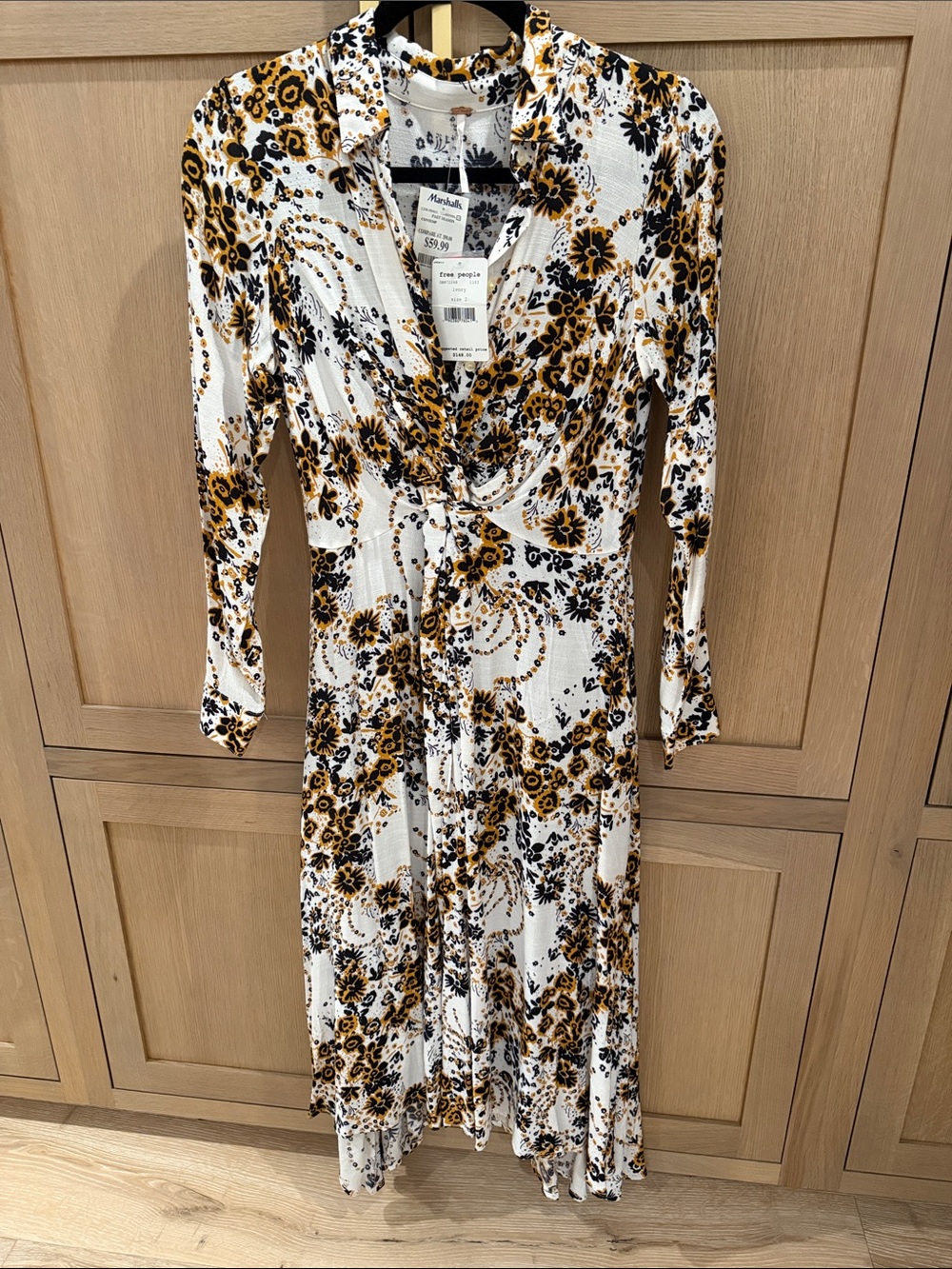 NWT Free People White Floral Wrap Maxi Dress with Mustard and Black